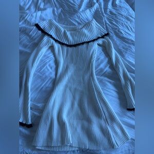 Elegant Off-Shoulder White Sweater Dress with Black Lace Trim